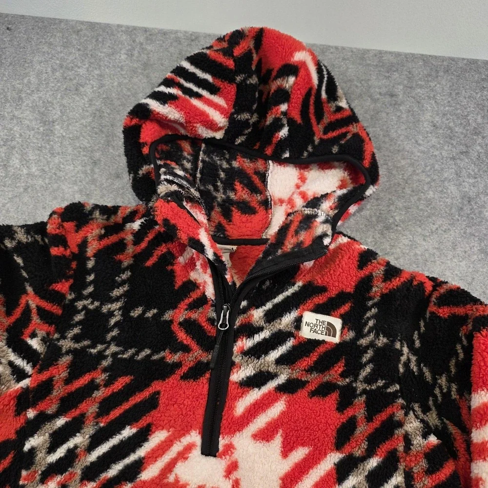 The North Face Cabin Fleece Hoodie Mens Small Red Plaid Sherpa 1/4 Zip Pullover